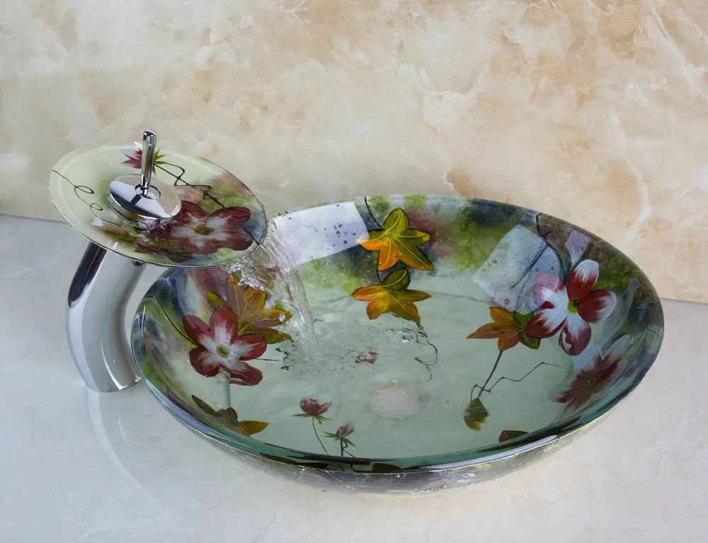OUBONI Flower Painting Basin Bowl Countertop Washbasin Sink Luxury