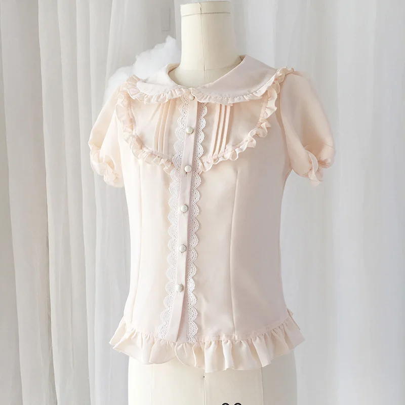 Sweet Lolita Slim Fit Short Sleeve Peter Pan Collar Chiffon Ruffles Elegant Shirt Women Tops and Blouses Blusas Camisas Mujer |