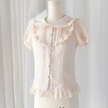 

Sweet Lolita Slim Fit Short Sleeve Peter Pan Collar Chiffon Ruffles Elegant Shirt Women Tops and Blouses Blusas Camisas Mujer