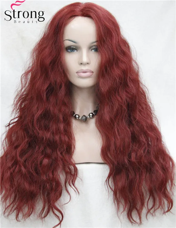 HHG-9211 350E High Quality Heat Resistant Dark Red Wavy Lace Front Long Wig (1)
