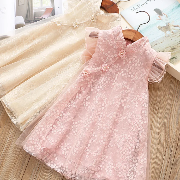 

2018 new girls summer dress sleeveless solid mesh girls party dress cheongsam kids wedding/party dresses girl princess costume