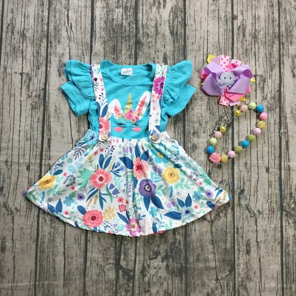 

Spring/Summer Easter outfit light blue bunny sleeves top flower skirt baby kids wear boutique clothes with accessories