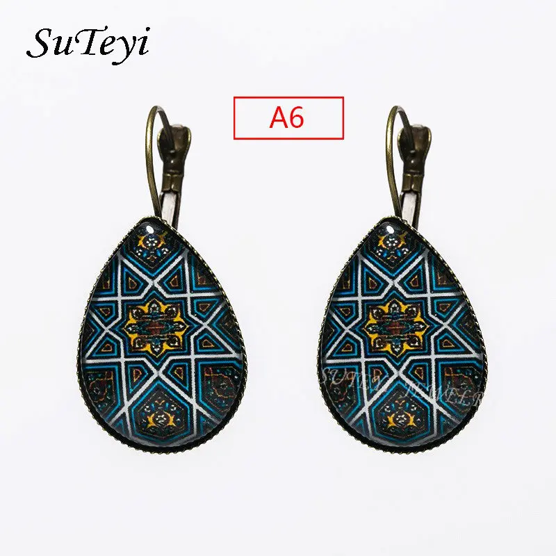 

SUTEYI Water Drop Shaped Earrings Vintage Geometric Mandala Glass Dome Bronze Silver Plated Earings For Women