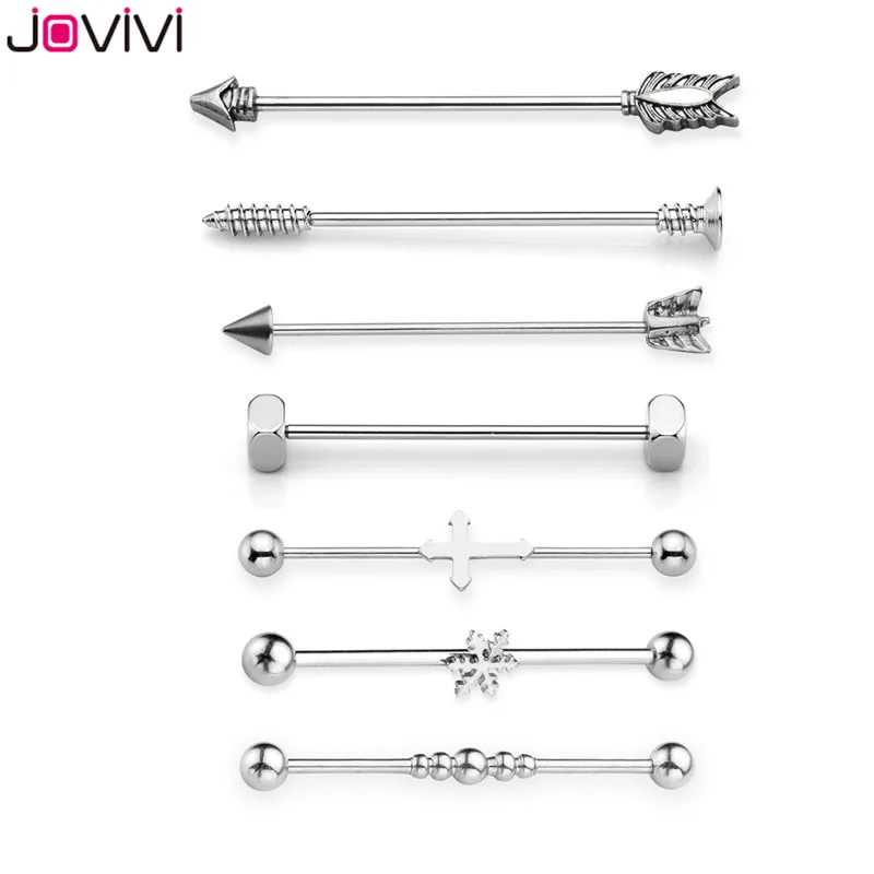 Jovivi 7/10 шт. 14G+ 16G Нержавеющая сталь Длинные Промышленные Штанги ушной хрящ Хеликс-раковины пирсинг Бар серьги-гвоздики 38/48/59 мм