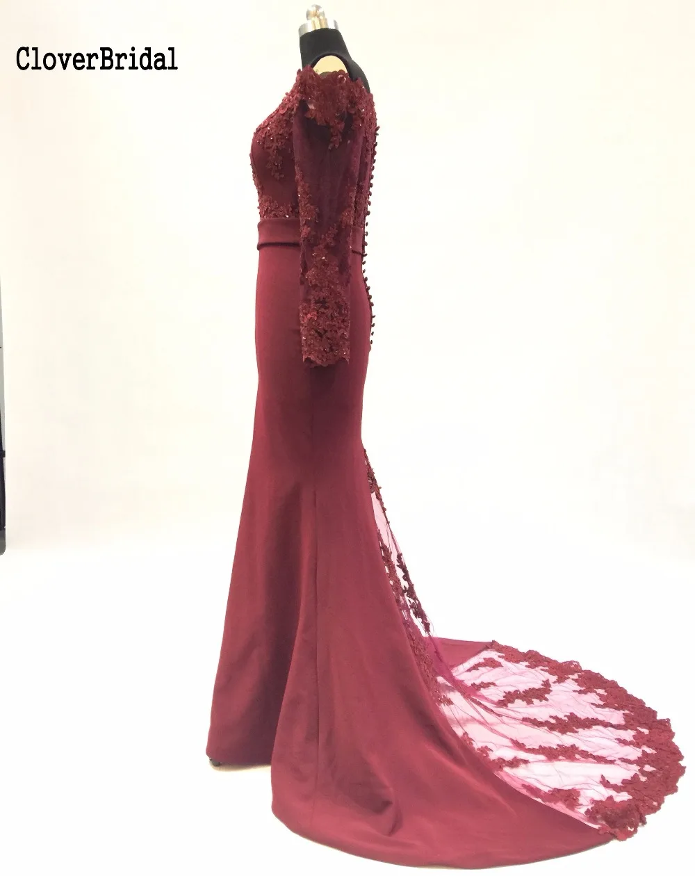 2017 Latest Stock Mermaid Burgundy Long Evening Dresses Long Sleeves Vestido De Festa Off The Shoulder