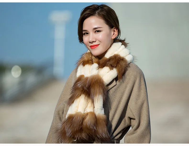 Factory Direct New Real Fur Scarves For Women Handmade Natural Rex Rabbit Fur Scarf With Sliver Fox Fur Wraps (4)