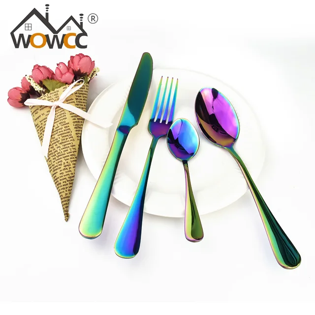 4 Pcs Stainless Steel Colorful Cutlery Set Rainbow Gold Plated Dinnerware Creative Dinner Set Fork Knife for Wedding and Hotel