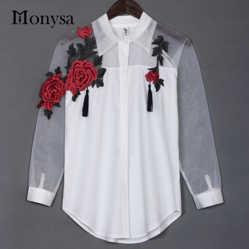 Black White Blouses Women's Fashion Trends Collar Organza Long Sleeve ...