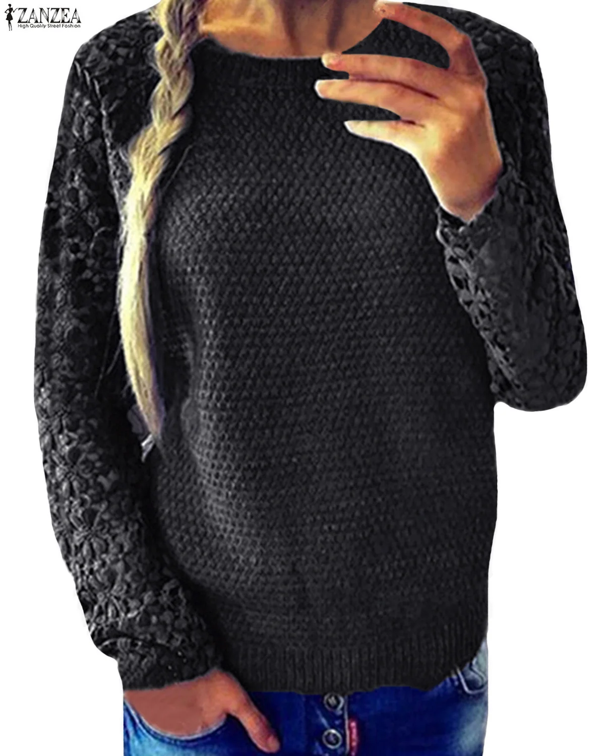 ZANZEA 2019 осень вязаный женский свитер Повседневное свободного кроя с отверстиями на внешнем слое в стиле пэчворк кружевной пуловер с