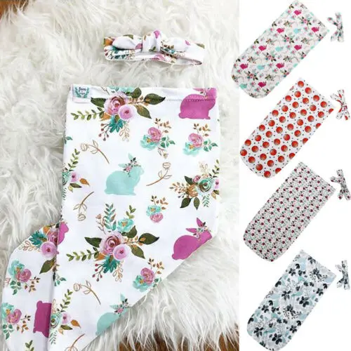 

Newborn Baby Boy Swaddle Blanket Sleeping Swaddle Muslin Wrap Headband Lovely