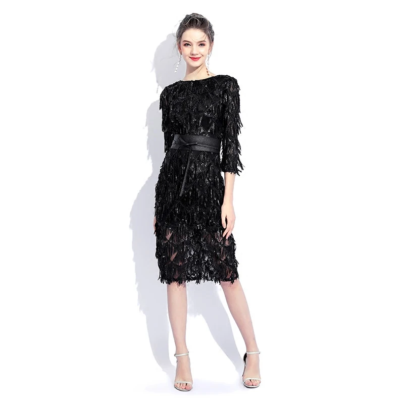 New Black O-neck Half Sleeves Cocktail Party Dress Sheath Sequin Knee Length Elegant Lace Dress Formal Party Dress LYFY34