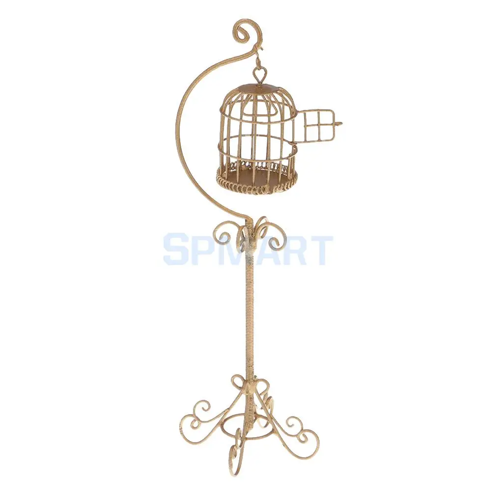  1:12 Scale Vintage Metal Bird Cage with Holder Stand Dollhouse Miniature for 12th Dolls House Decoration Accessories