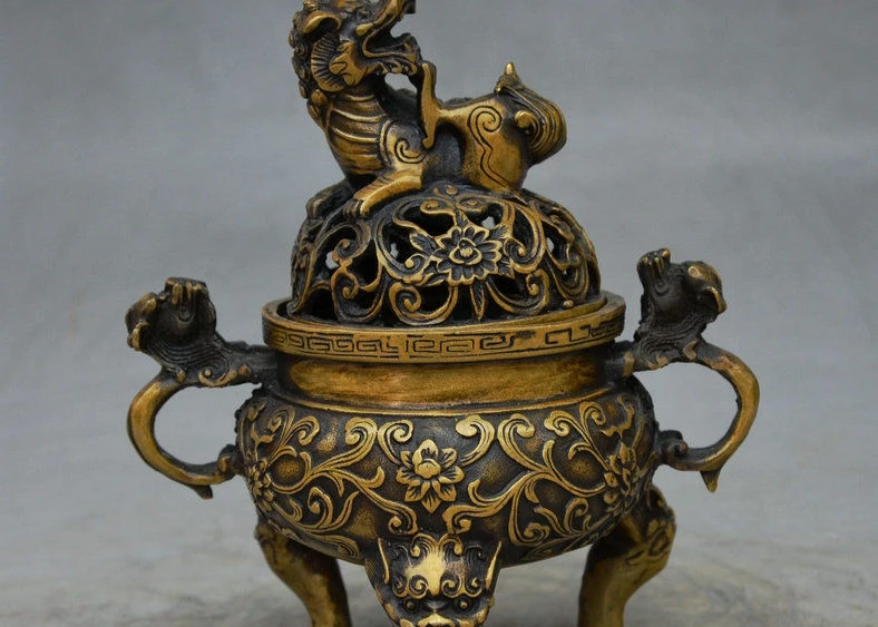 

6" Old China Buddhism Bronze Kylin Lid Lion Handle 3 Foot Incense Burner Censer