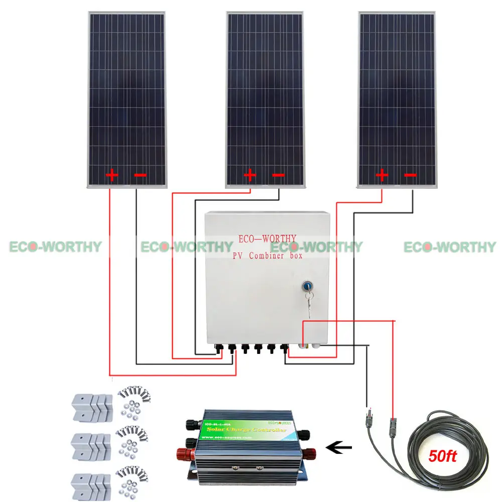 

3 PCS 150W 450W 12V Solar Panel System Kit W/ 6 Strings Combiner Box for Home Use Solar Generators