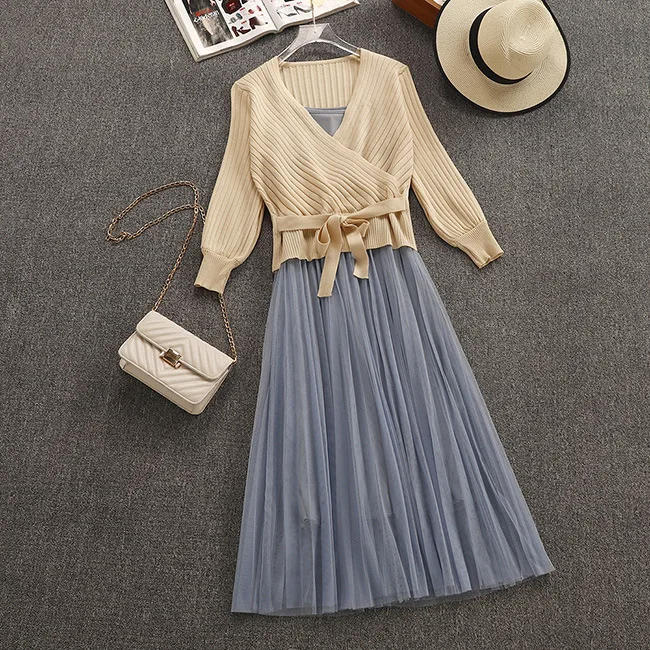 

Spring Thin small fragrance Knit Cardigan Mesh Sling Dress Two Piece Set Female