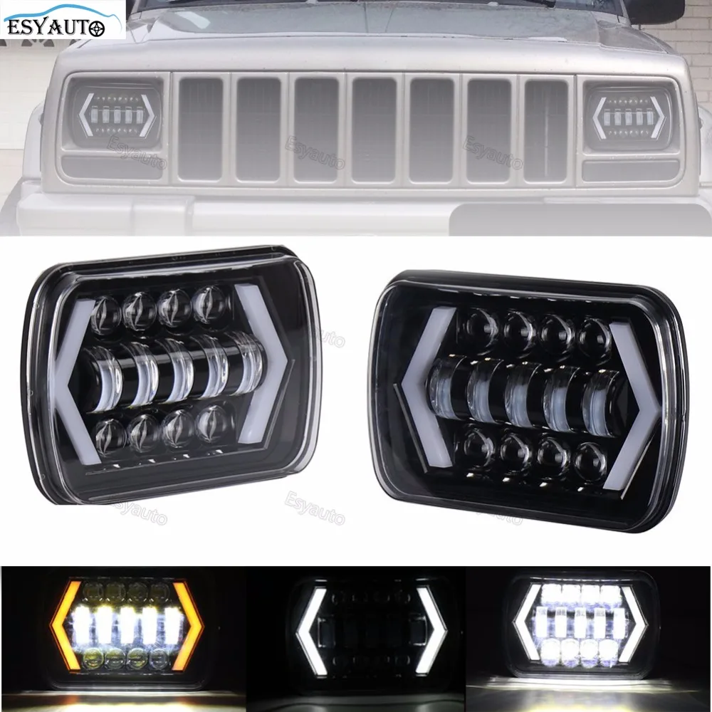 

7x6''5x7'' inch rectangle Headlights Square LED Headlamp 6''x7'' Arrow Angel Eyes white DRL Amber Halo Replaces For Jeep Trucks