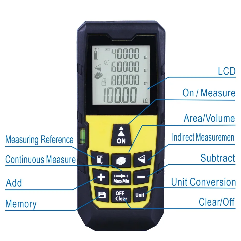 Yellow 328ft (100m) Laser Distance Meter Digital Laser rangefinder Digital Laser Tape Measure Area/volume M/Ft/in Tool