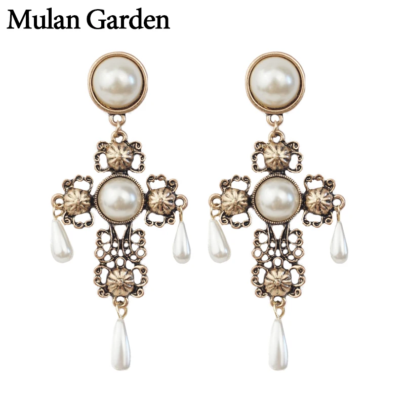 

M&G Gold Vintage Pearl Gothic Earrings Women Hollow Long Statement Cross Dangle Earring Elegant Vintage Jewelry Accessories Gift