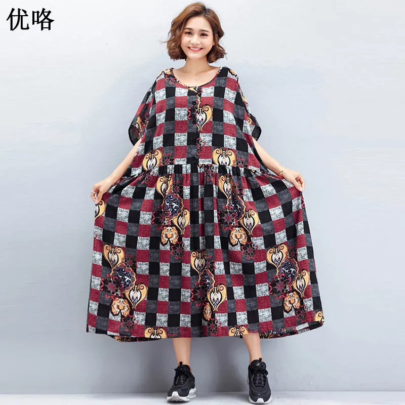 

Oversize Plaid Cotton Linen Women Long Dress Plus Size 4XL 5XL 6XL 7XL Summer Sundress Femme Vintage Loose Batwing Dresses 2019