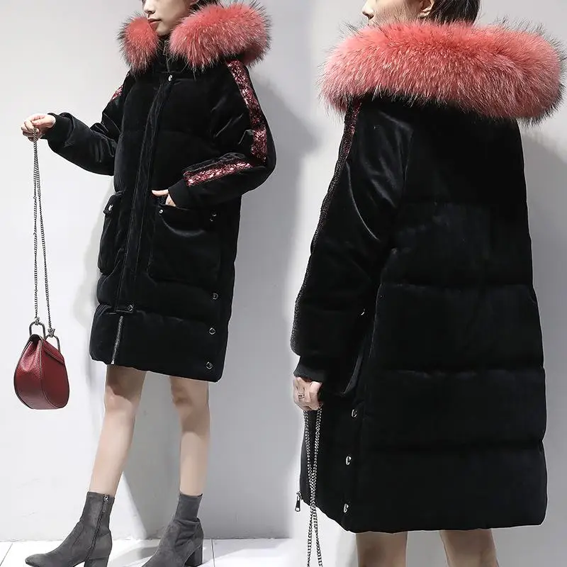 Женские винтажные вельветовые длинные пальто новые зимние с капюшоном с воротником из искусственного меха теплые толстые куртки женские черные парки верхняя одежда - Цвет: 1