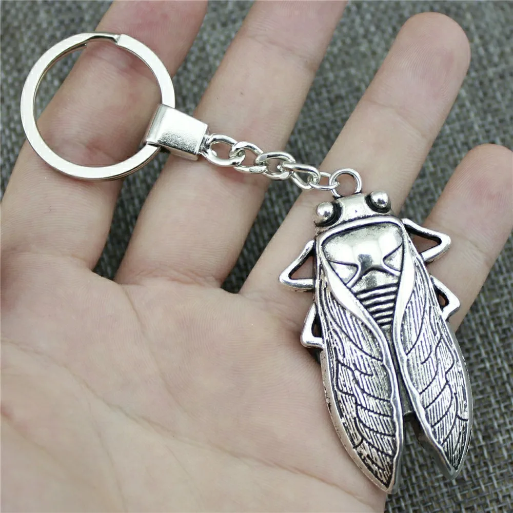 

2 Colors Antique Bronze Antique Silver 62x33mm Cicada Keychain New Fashion Handmade Metal Key Ring Party Gift