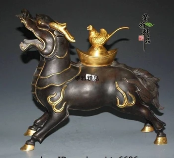 

China Old Copper 24K Gold Gild Kirin Unicorn kylin Foo Dog Incense Burner Censer