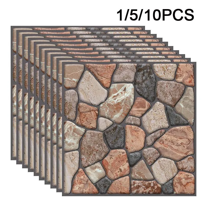 

5PCS 3D Brick Cobblestone Wall Sticker Self-adhesive Waterproof Kitchen Bathroom DIY Removable Tiles Stickers Wall Decor