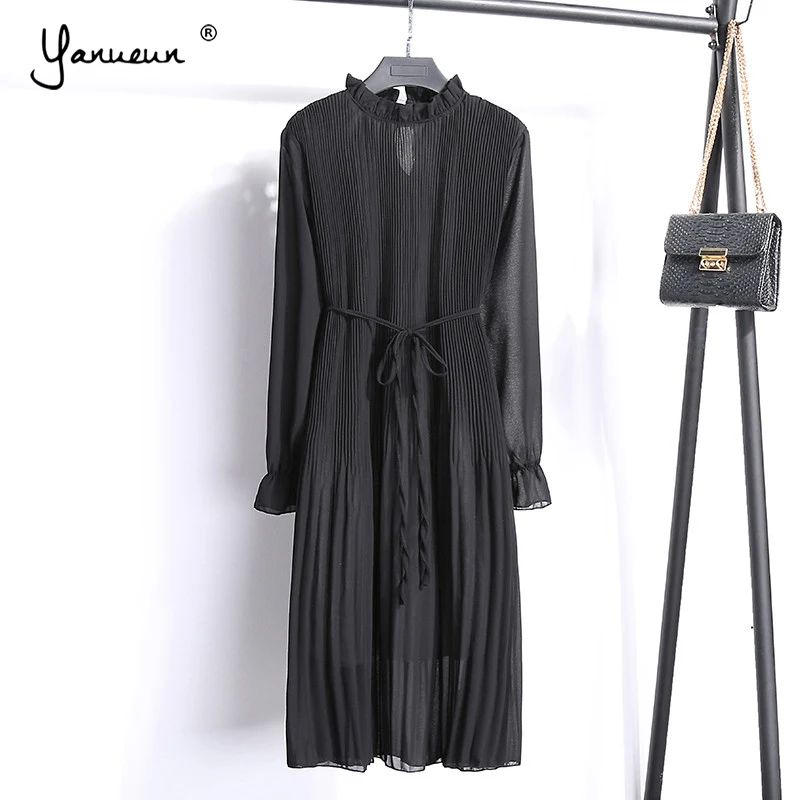 

Yanueun Chiffon Dress Stand Neck Dress With Sashes Ruffles Long Sleeve Elegant Short Dress Spring Summer For Ladies