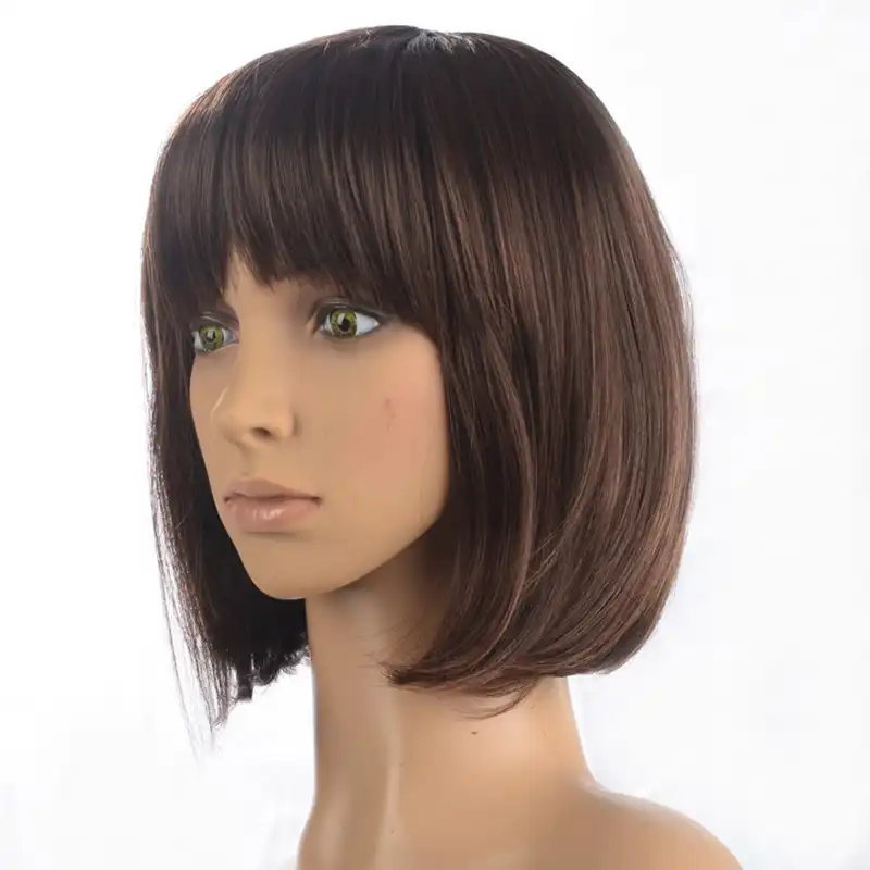 Hairjoy Short Straight Brown Highlighted Bob With Bangs Synthetic