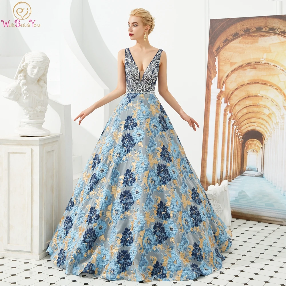 

Ball Gown Evening Dresses Elegant Blue V Neck Sheer Neck Beading Crystal Luxury Lace Prom Gown Formal Graduation Party 100% Real