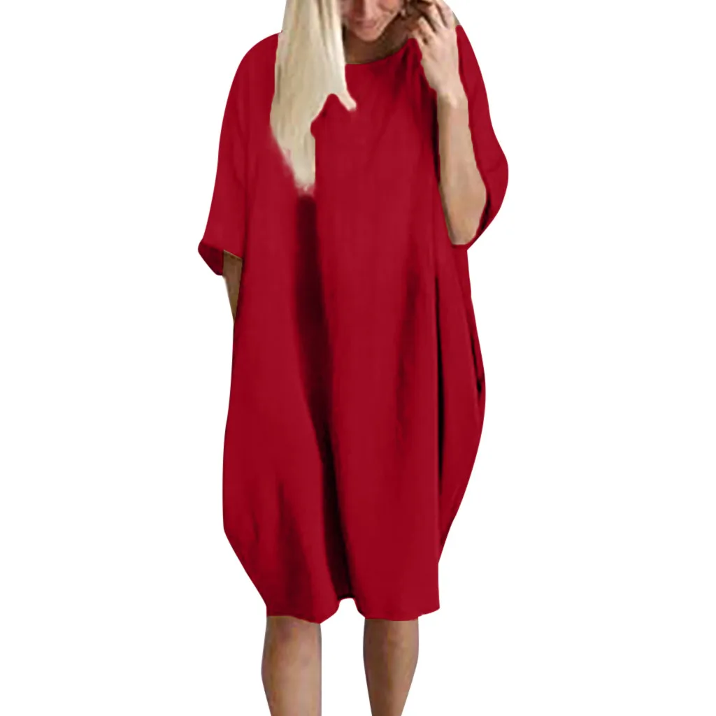 Женское повседневное летнее платье, свободное хлопковое льняное лоскутное платье с коротким рукавом, одноцветные мини-платья с карманами, модные пляжные платья, новинка - Цвет: Red
