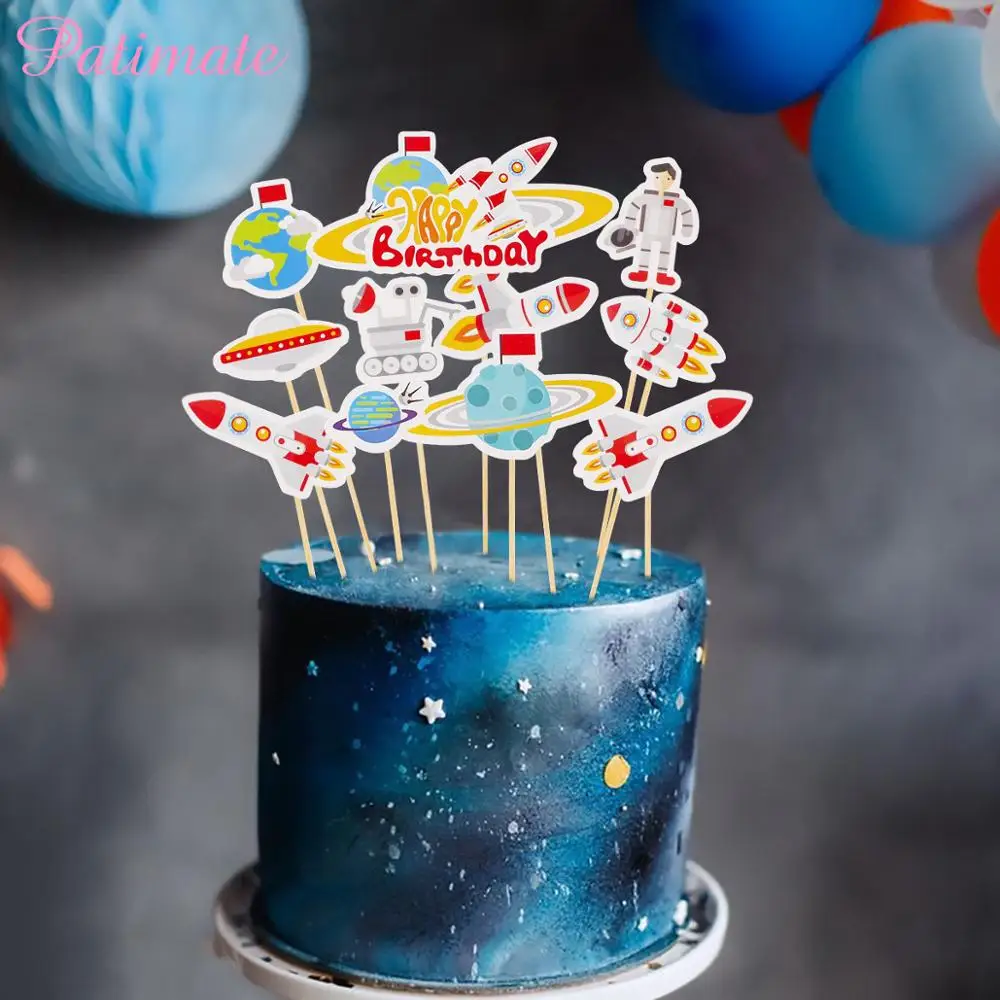 

PATIMATE Happy Birthday Party Cake Topper Decorations Space Theme Jungle Animal Cake Topper Supplies for Girls Boys Cake Decors