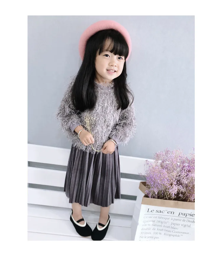 Г., новые модные комплекты одежды для маленьких девочек в Корейском стиле детский пуловер для девочек, топ+ золотистые бархатные Юбки Комплекты из 2 предметов плиссированная юбка для маленьких девочек