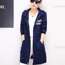 trench coat for women spring and autumn Long design fashion hooded full sleeve windbreaker blue