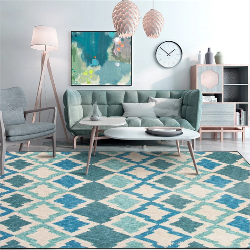 European Geometric Lake Blue Diamond Short Crystal Velvet Carpet Area Rug for Living Room Sofa Coffee Table Mat Large Rug