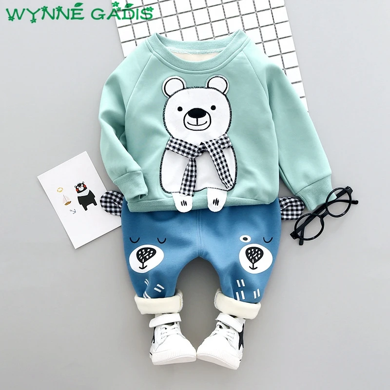 

Winter Baby's Sets Girls Cartoon Bear Long Sleeve O Neck Sweatshirt Hoodies + Casual Pants Thick Fleece Boys Kids 2Pcs Suits