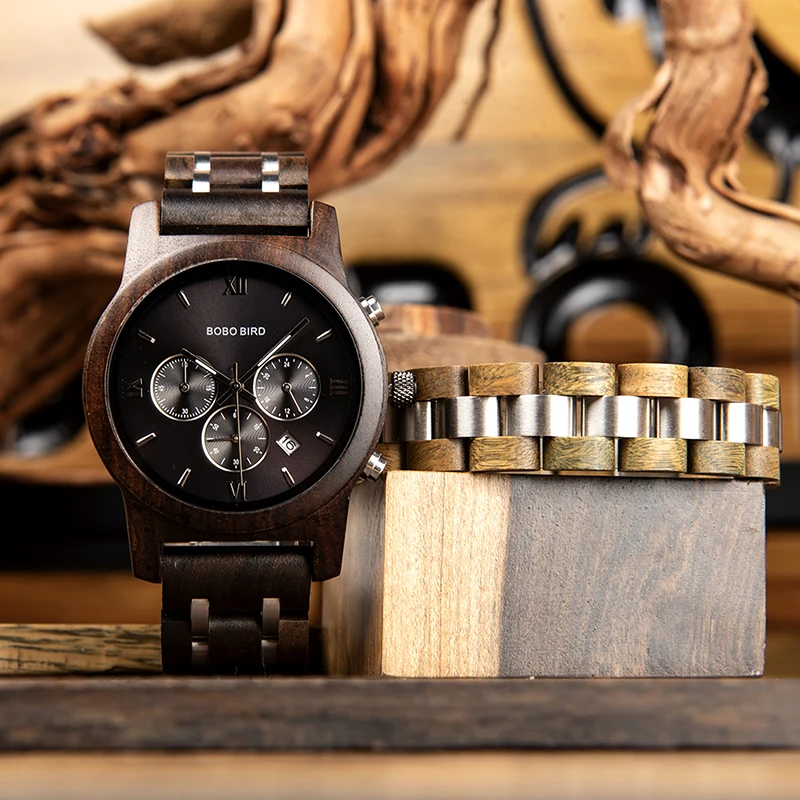 BOBO BIRD Fashion Stylish Men Wood Watches With Bracelet Business Quartz Timepiece Chronograph Stop Watch Best Gift In Box P19-1
