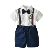 Летний комплект джентльменской одежды для маленьких мальчиков; рубашка с галстуком-бабочкой; шорты на бретелях; комплекты из 2 предметов для детей