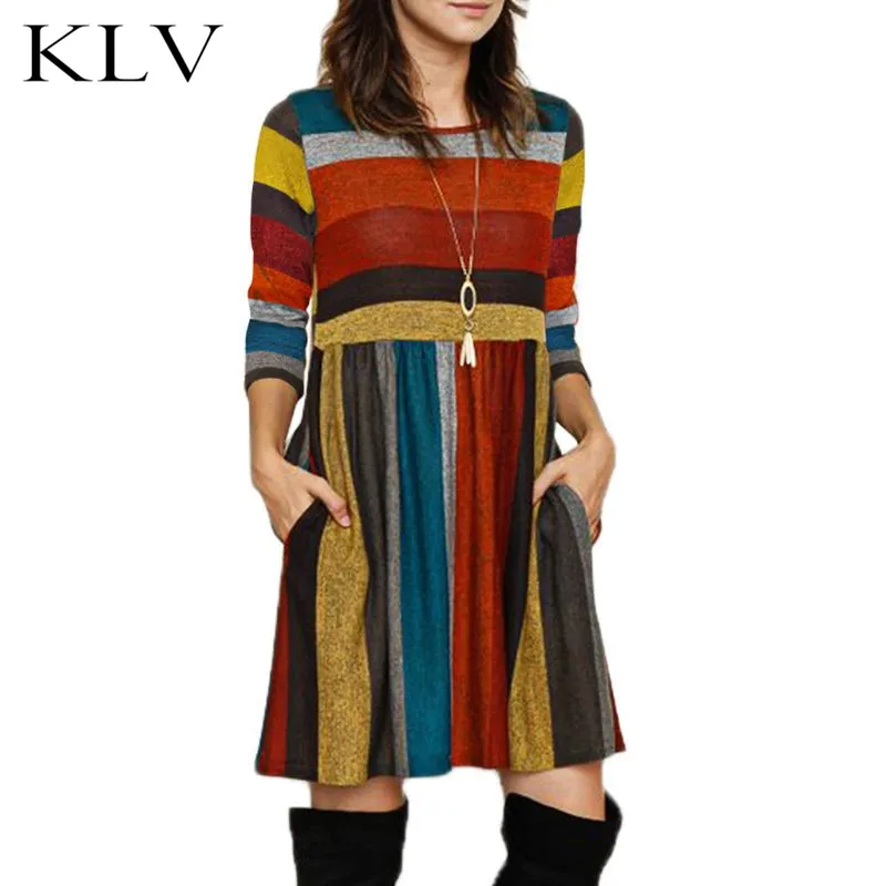 

Women Autumn 3/4 Sleeves Round Neckline Casual Swing Dress High Waist Color Block Stripes Printed Loose A-Line Sundress