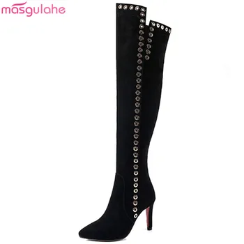 

Masgulahe 2018 new arrive cow leather women boots pointed toe high heels over the knee boots winter rivets thigh high boots