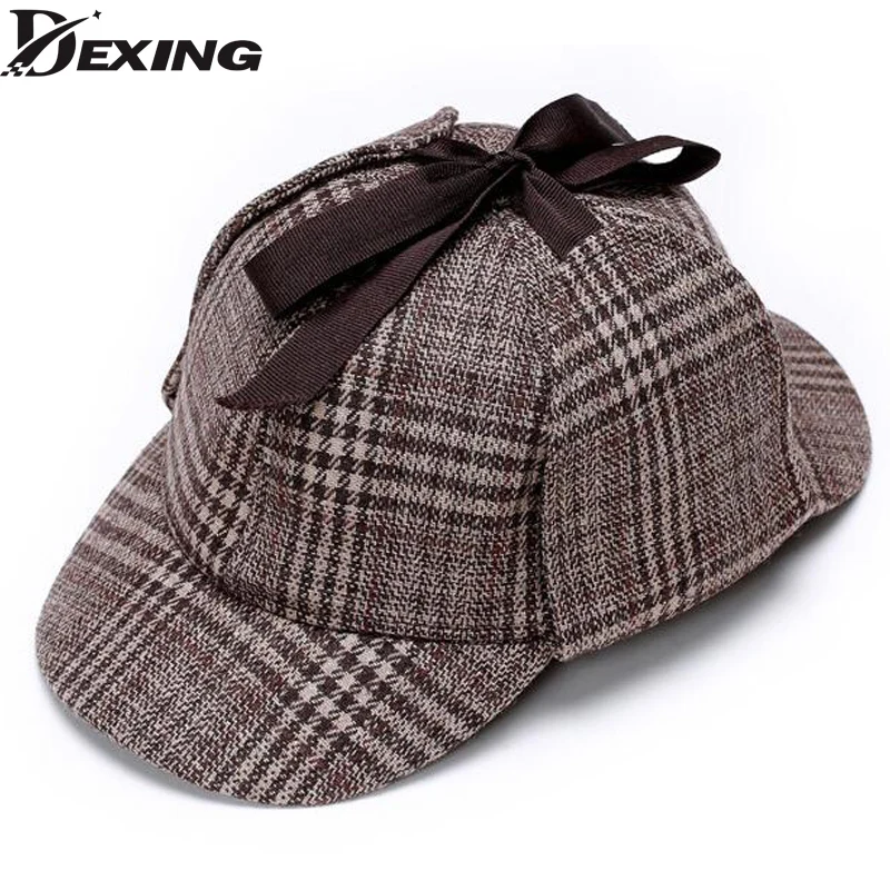 

Wholesale Cosplay  Sherlock Holmes Baseball cap men women  Two Brims Strip Big Small Size Earflap Unisex Cap