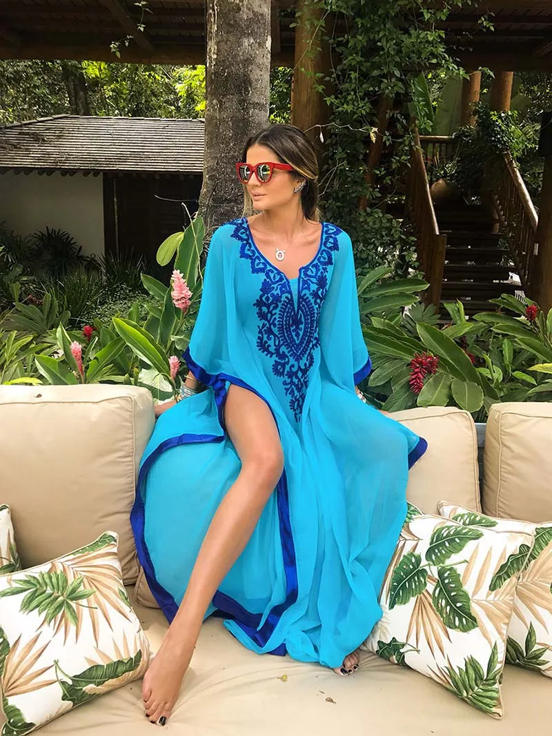 Облегающее длинное шифоновое платье с вышивкой, одежда для купания, летнее платье большого размера с цветочным рисунком, с разрезом сбоку, сексуальное пляжное платье макси, парео - Цвет: Blue