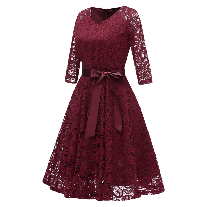 Винтажное женское кружевное плиссированное платье 1950 s, одноцветное, v-образный вырез, рукав 3/4, пояс, элегантное ТРАПЕЦИЕВИДНОЕ ПЛАТЬЕ для вечеринок