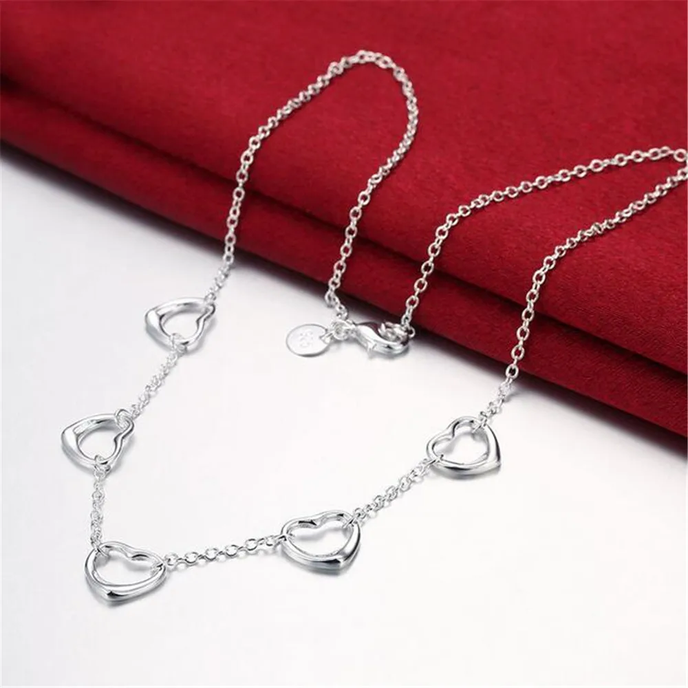 

Elegant Ladies Necklace 925 Hollow Heart Pendant Long Necklace Mulit Chain Silver Plated Jewelry Loving Gift