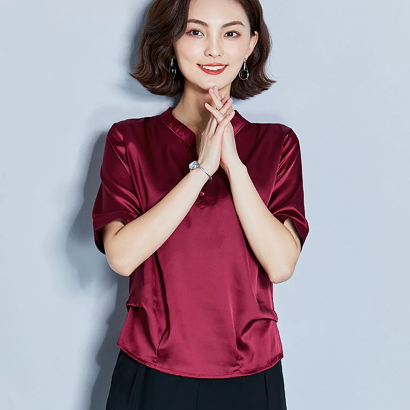

Korean Fashion Silk Women Blouses V-Neck Satin Short Sleeve Green Women Shirts Plus Size XXXL/4XL Womens Tops and Blouses