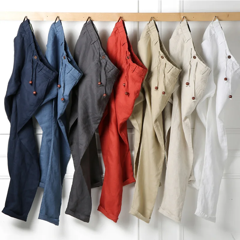 

Spring 100% Linen Pants Men Casual Loose Breathable Mid-waist Thin Summer Trousers Men Plus Size M-4XL Men Pants pantalon homme