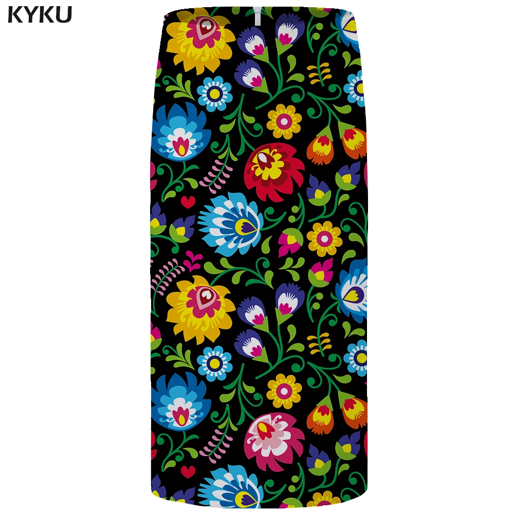 

KYKU Flower Skirts Women Hip Vintage Pencil Party Skirt Colorful Floral Funny Cool Sexy Black Ladies Skirts 2018 New Streetwear
