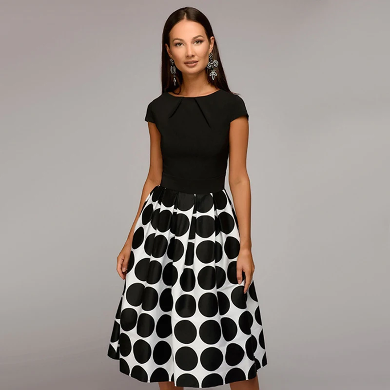 

Bigsweety Vintage Women Polka Dot Pleated Midi Dress Summer Elegant Party Dress Casual O-Neck Short Sleeve A-line Dress Vestido