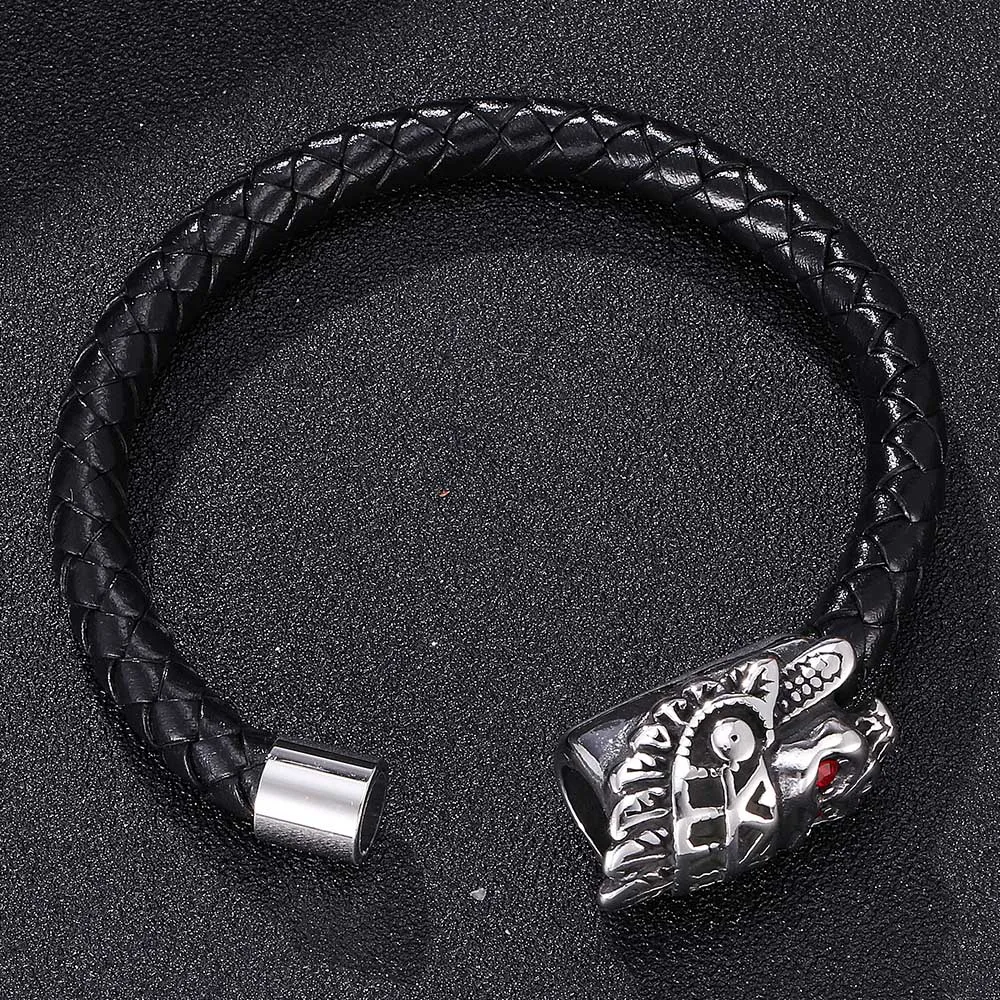 Красные серьги "череп" Мужской Плетеный черный кожаный браслет из нержавеющей стали магнитная пряжка модный простой привлекательный браслет 7-SP0073
