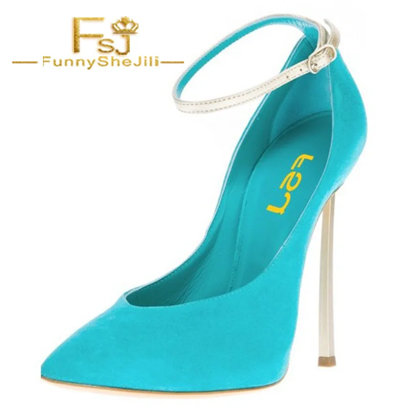 

Turquoise Heels Ankle Strap Suede Stiletto Heel Pumps for Office Lady Anniversary Attractive Incomparable Generous Fashion FSJ